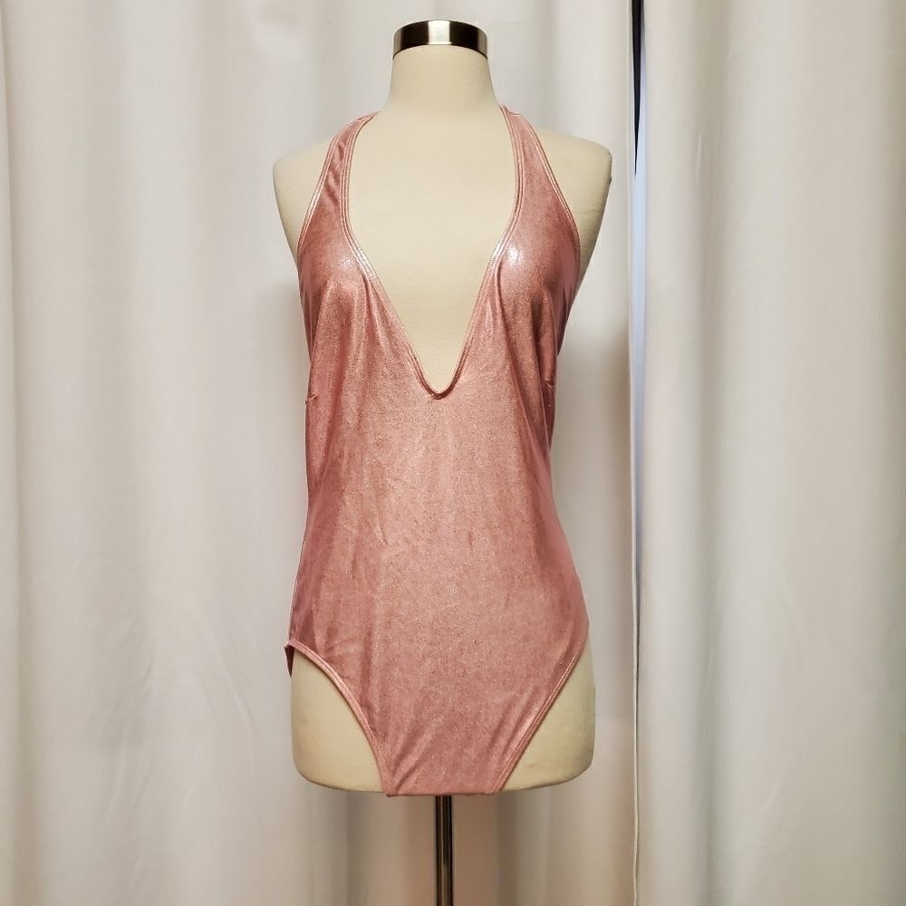 Vintage 90s y2k Newport News Pink Metallic Malibu Barbie Deep Plunge Swimsuit 12